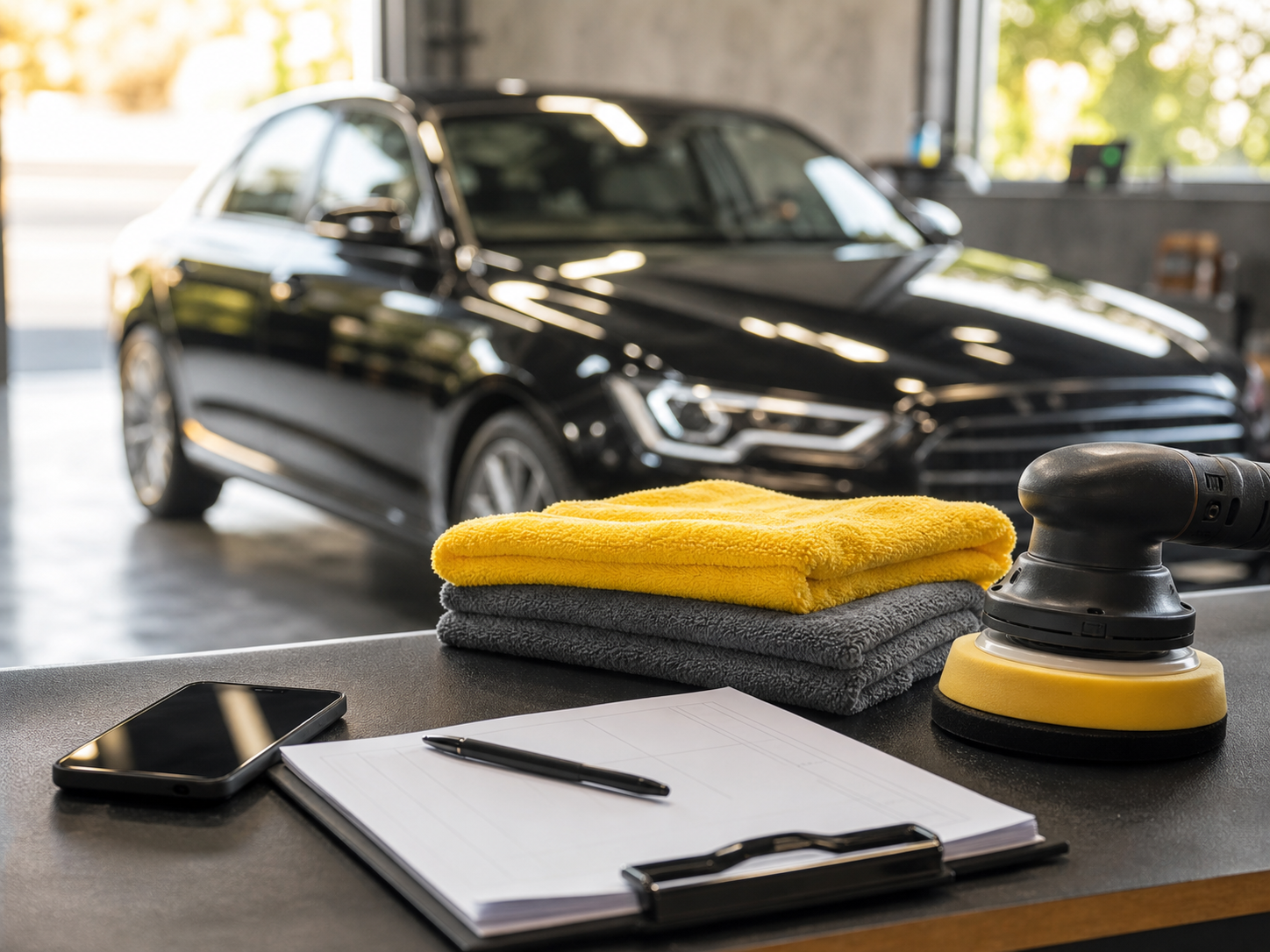 Generated placeholder showing a detailing counter with a phone, blank job sheet, towels, and polisher.