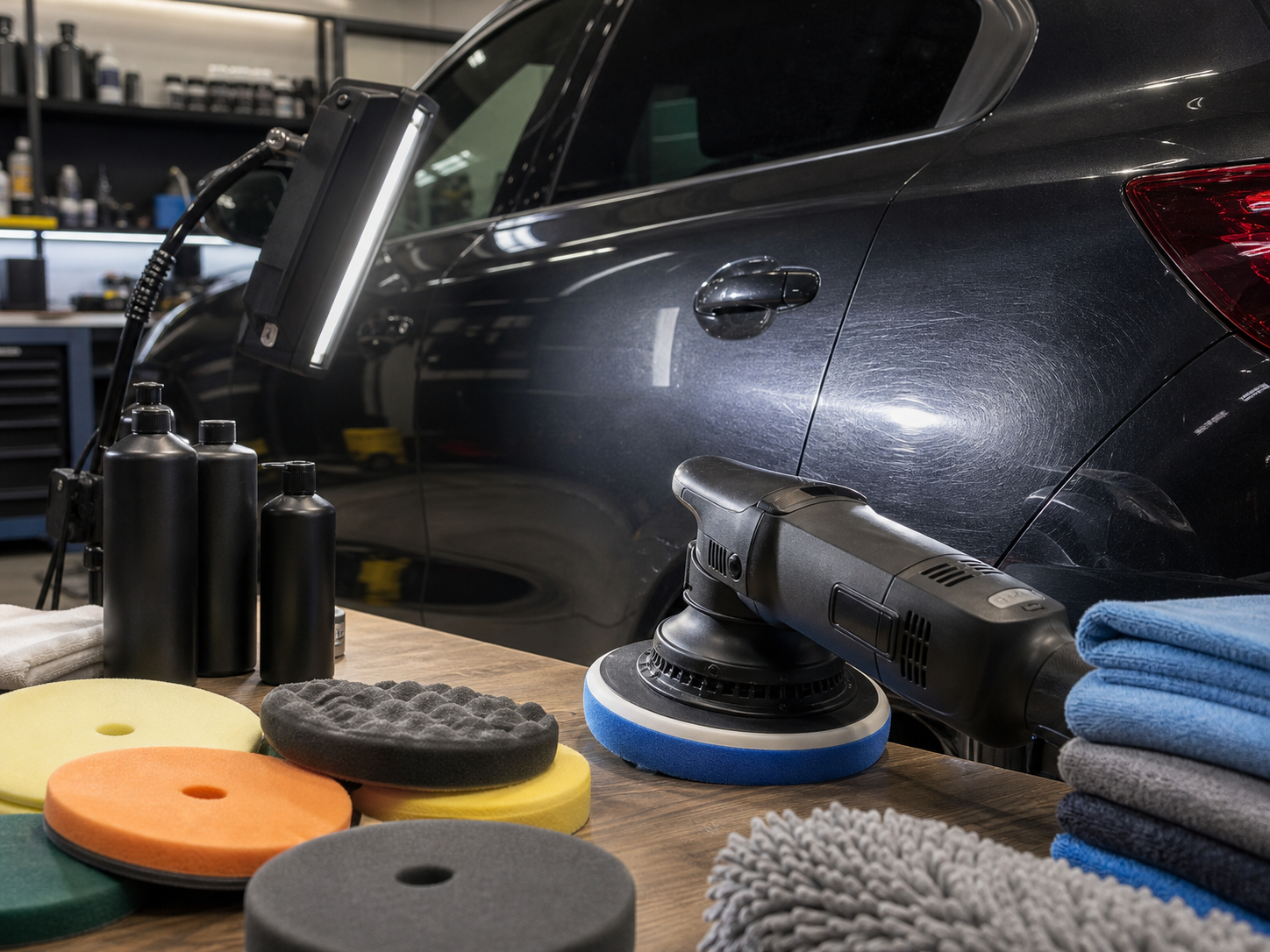 Generated placeholder showing polishing pads, microfiber towels, and a vehicle panel under inspection light.